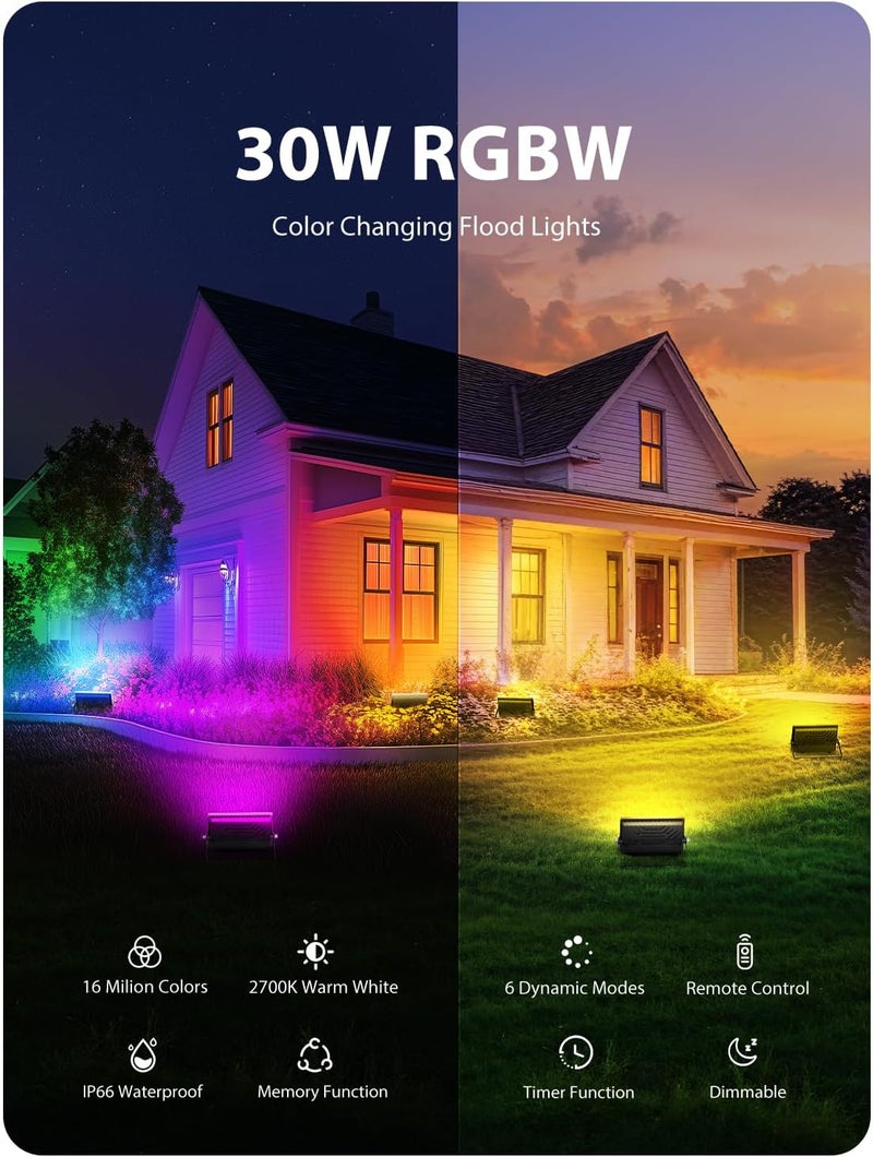 Onforu LED Flood Light Outdoor 30W 2500LM, Color Changing RGBW Floodlight with Remote, 2700K Warm White IP66 Stage Lights Indoor Uplights for Events, Uplighting for Halloween 4 Pack - Image 2